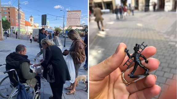 FOTO: Toto je určite lepšie ako žobranie - muž na vozíku ponúka okoloidúcim sošky kominárikov pre šťastie
