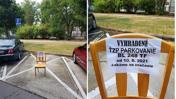 FOTO: Na vyhradené parkovacie miesto v Ružinove namiesto príslušnej značky upozorňuje stolička...