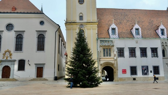 FOTO  Na Hlavnom námestí už stojí 12-metrová vianočná jedlička biela, staromestská radnica osadila smrek