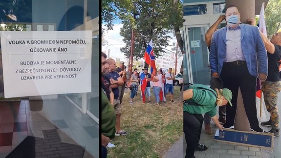 FOTO a VIDEO: Protestujúci sa na Úrad verejného zdravotníctva nedostali a tak pred budovou symbolicky obesili Mikasa!