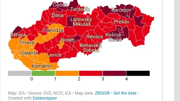 Od pondelka bude 16 okresov v bordovej farbe, Bratislava zostáva oranžová