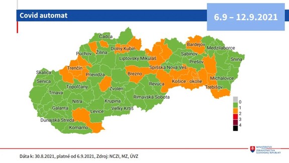 Od pondelka je oranžových 23 okresov, ostatné sú zelené