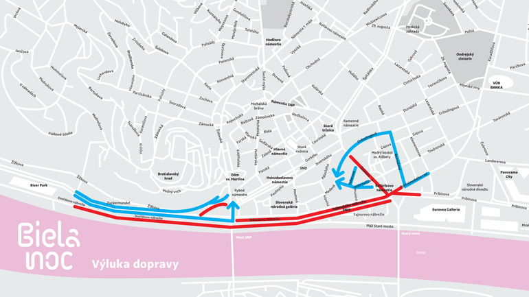 Mapa - výluka dopravy počas Bielej noci 2018