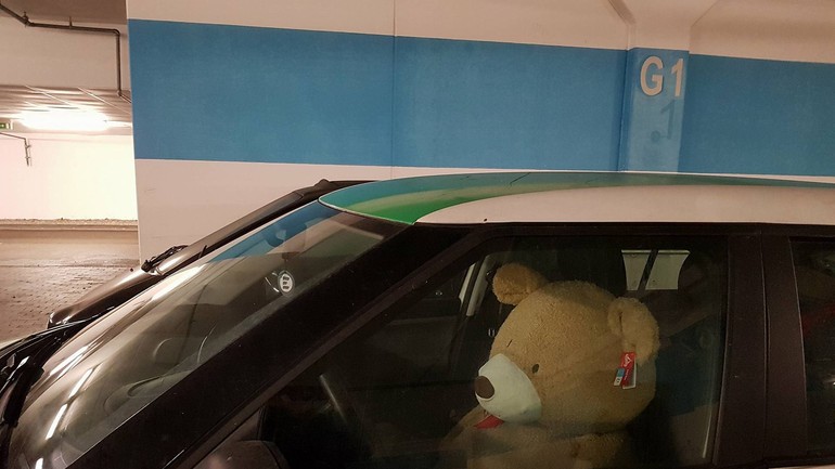 Plyšák za volantom