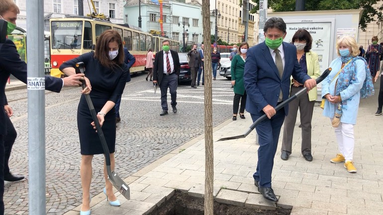 Ministerka Milanová a minister Budaj sadia strom na Námestí Ľudovíta Štúra
